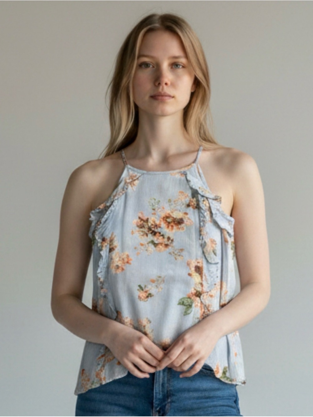 Sky blue floral ruffle tank top